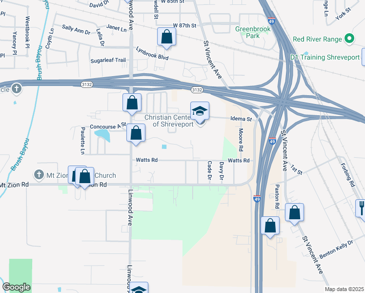 map of restaurants, bars, coffee shops, grocery stores, and more near Concourse D Street in Shreveport