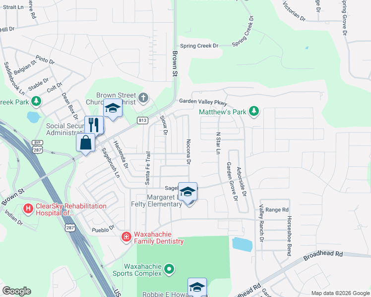 map of restaurants, bars, coffee shops, grocery stores, and more near 219 Nocona Drive in Waxahachie