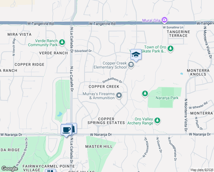 map of restaurants, bars, coffee shops, grocery stores, and more near 1128-1198 Smokethorn Drive in Oro Valley