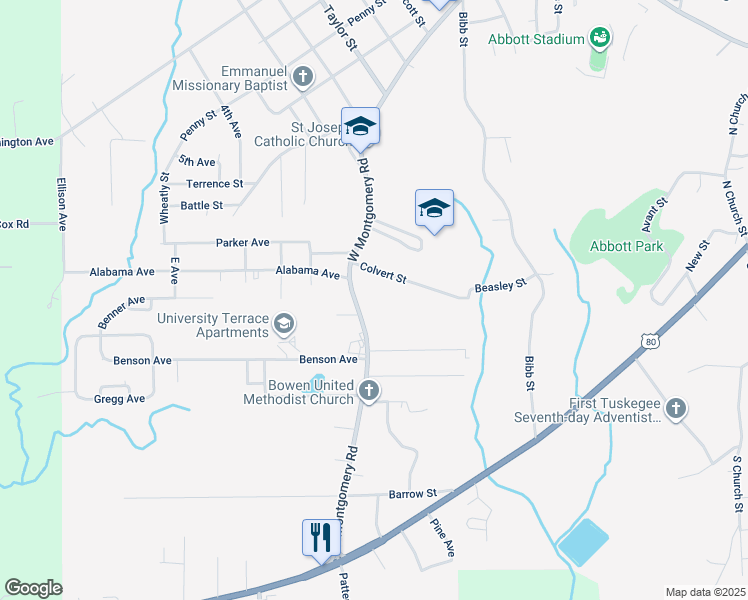 map of restaurants, bars, coffee shops, grocery stores, and more near 2003 Colvert Street in Tuskegee
