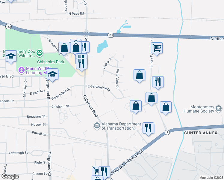 map of restaurants, bars, coffee shops, grocery stores, and more near 810 Carmon Place in Montgomery
