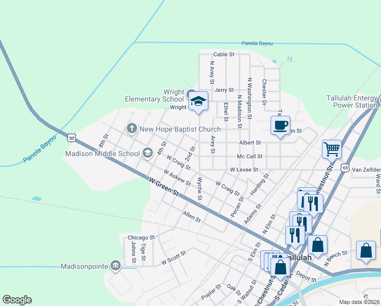 map of restaurants, bars, coffee shops, grocery stores, and more near 501 2nd Street in Tallulah