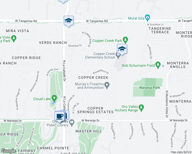 map of restaurants, bars, coffee shops, grocery stores, and more near 1157 Smokethorn Drive in Oro Valley