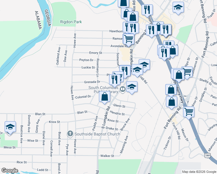 map of restaurants, bars, coffee shops, grocery stores, and more near 3085 Grenada Drive in Columbus