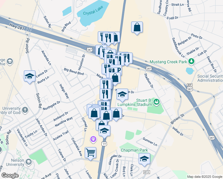 map of restaurants, bars, coffee shops, grocery stores, and more near 1111 North Highway 77 in Waxahachie