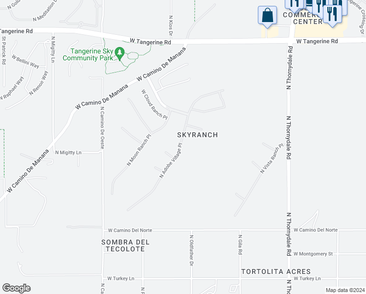 map of restaurants, bars, coffee shops, grocery stores, and more near 11556 North Adobe Village Place in Marana