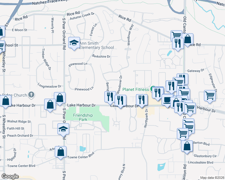 map of restaurants, bars, coffee shops, grocery stores, and more near 617 Berridge Drive in Ridgeland
