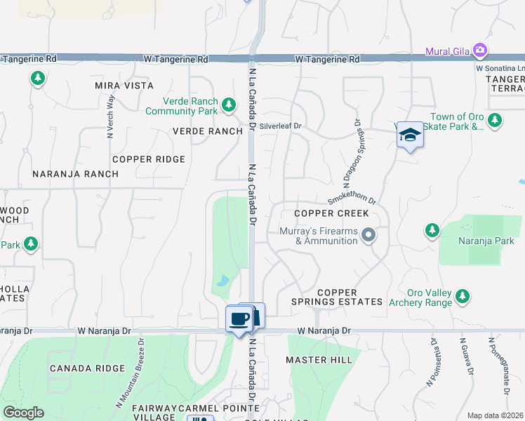 map of restaurants, bars, coffee shops, grocery stores, and more near 1361 West Rose Quartz Place in Tucson