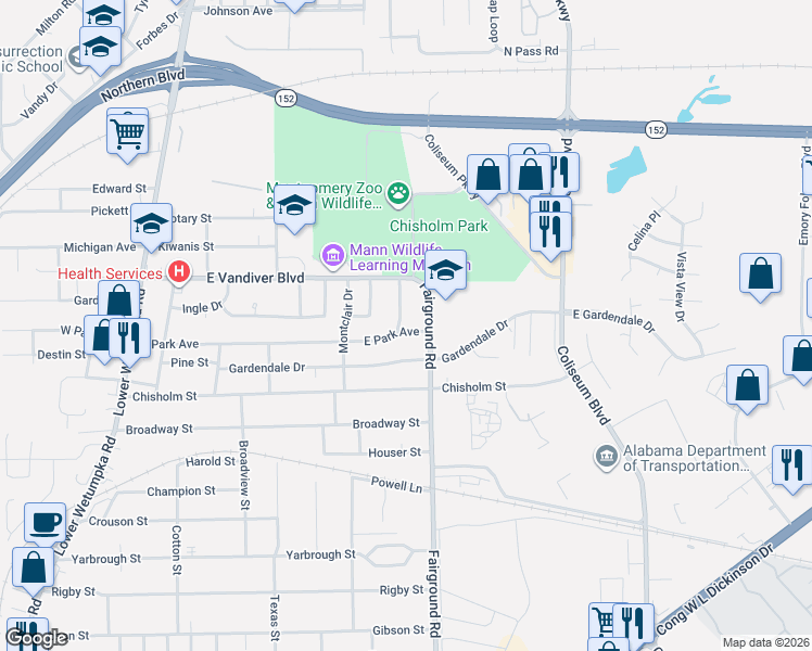 map of restaurants, bars, coffee shops, grocery stores, and more near 4015 Chelsea Drive in Montgomery