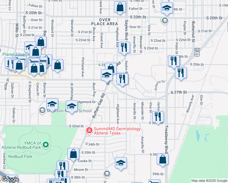 map of restaurants, bars, coffee shops, grocery stores, and more near 2800 Sayles Boulevard in Abilene