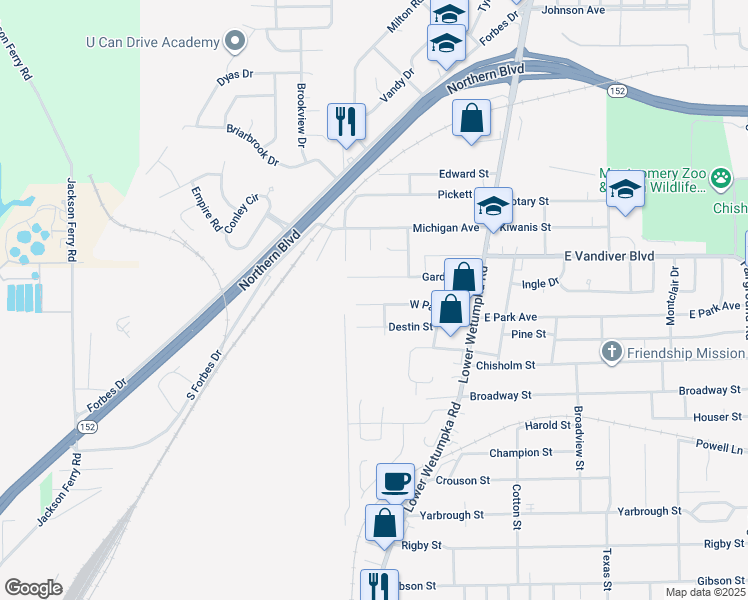 map of restaurants, bars, coffee shops, grocery stores, and more near 208 West Park Avenue in Montgomery