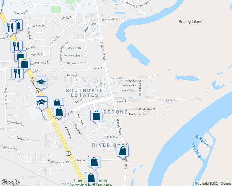 map of restaurants, bars, coffee shops, grocery stores, and more near 9981 Smugglers Cove in Shreveport
