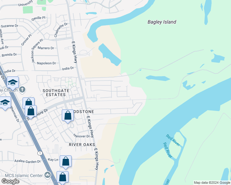 map of restaurants, bars, coffee shops, grocery stores, and more near 9810 Pageant Lane in Shreveport