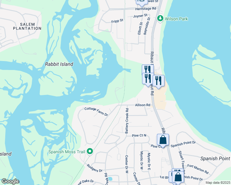 map of restaurants, bars, coffee shops, grocery stores, and more near 3 Rising Tide Drive in Beaufort