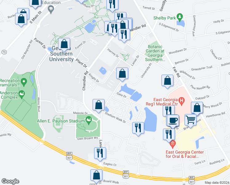 map of restaurants, bars, coffee shops, grocery stores, and more near 123 Lanier Drive in Statesboro