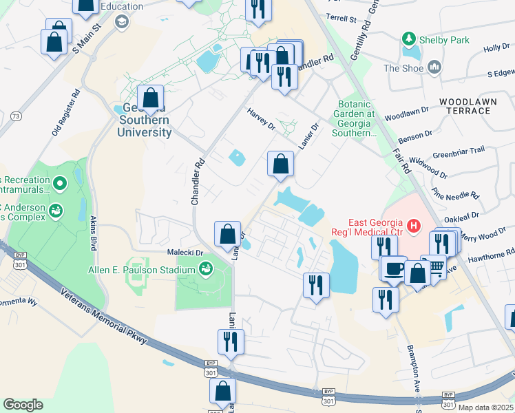 map of restaurants, bars, coffee shops, grocery stores, and more near 123 Lanier Drive in Statesboro