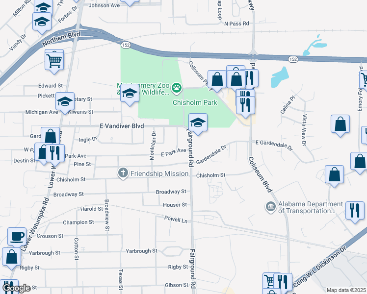 map of restaurants, bars, coffee shops, grocery stores, and more near 4015 Fairground Road in Montgomery