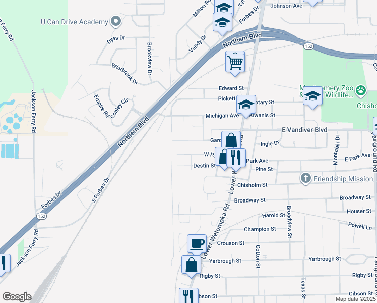 map of restaurants, bars, coffee shops, grocery stores, and more near 57 Garden Street in Montgomery