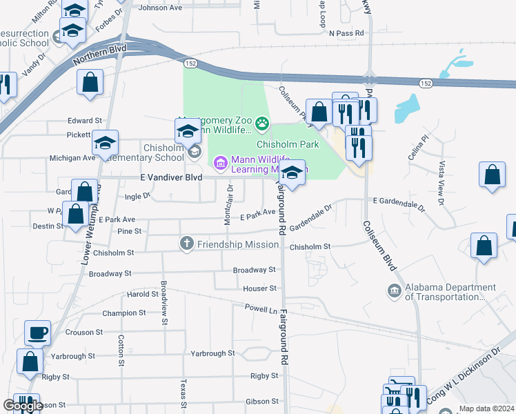 map of restaurants, bars, coffee shops, grocery stores, and more near 4001 Chelsea Drive in Montgomery