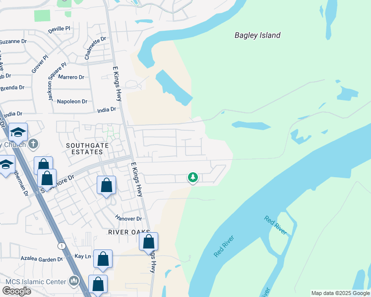 map of restaurants, bars, coffee shops, grocery stores, and more near 9822 Pageant Lane in Shreveport