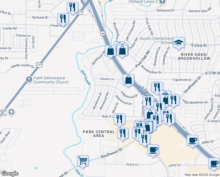 map of restaurants, bars, coffee shops, grocery stores, and more near 2909 Wenwood Road in Abilene
