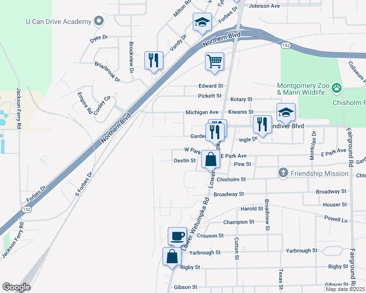 map of restaurants, bars, coffee shops, grocery stores, and more near 37 Garden Street in Montgomery
