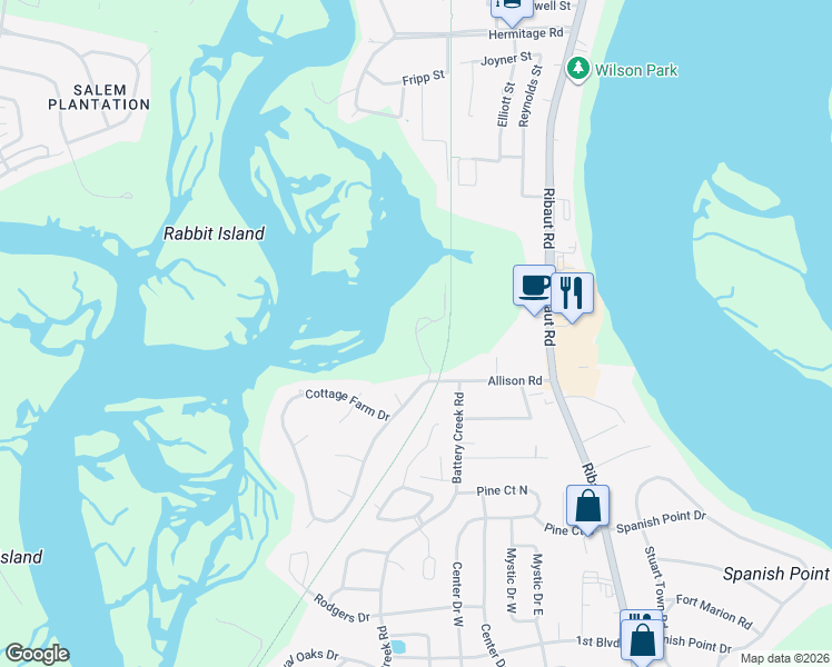 map of restaurants, bars, coffee shops, grocery stores, and more near 3 Rising Tide Drive in Beaufort