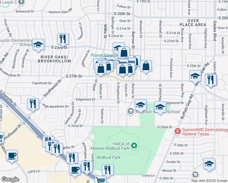 map of restaurants, bars, coffee shops, grocery stores, and more near 55 Shepherds Cove in Abilene