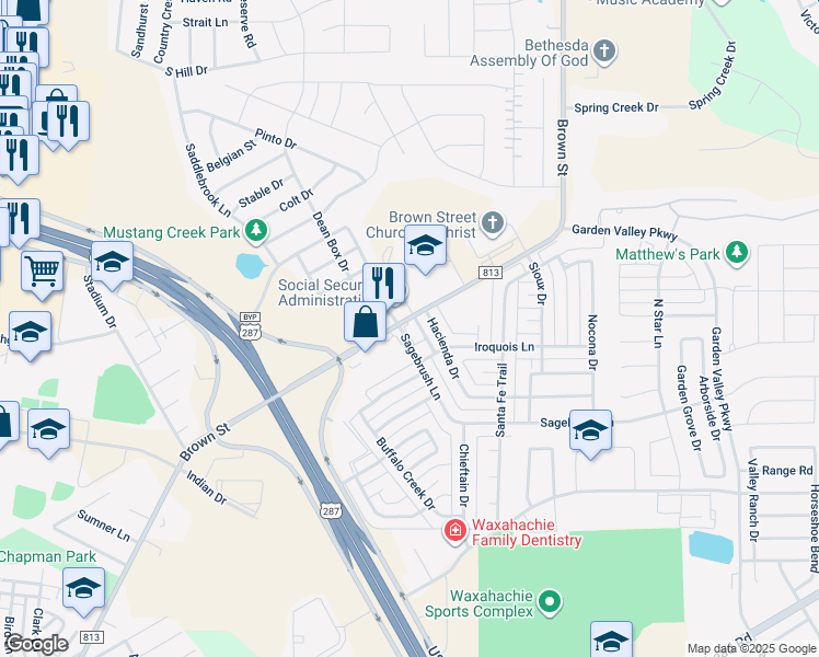 map of restaurants, bars, coffee shops, grocery stores, and more near 2300 Farm to Market Road 813 in Waxahachie