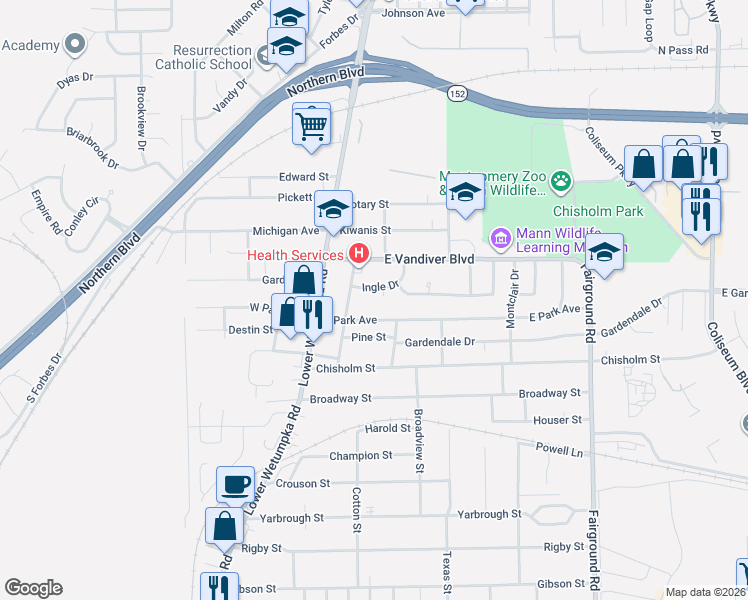 map of restaurants, bars, coffee shops, grocery stores, and more near 122 Ingle Drive in Montgomery