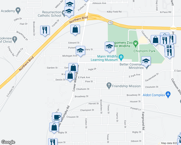 map of restaurants, bars, coffee shops, grocery stores, and more near 128 Ingle Court in Montgomery