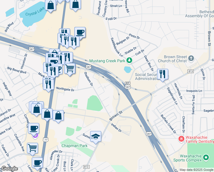 map of restaurants, bars, coffee shops, grocery stores, and more near 200 High School Drive in Waxahachie