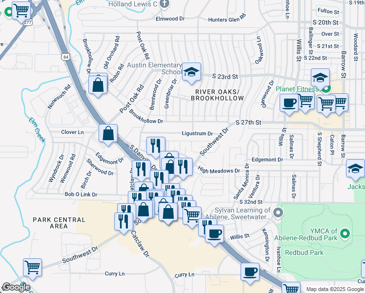 map of restaurants, bars, coffee shops, grocery stores, and more near 25 Lilac Circle in Abilene