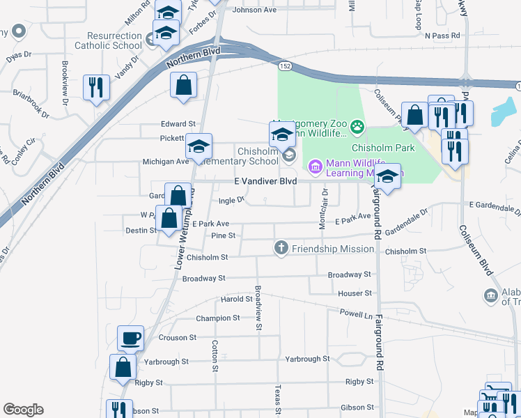 map of restaurants, bars, coffee shops, grocery stores, and more near 222 Shelly Lane in Montgomery
