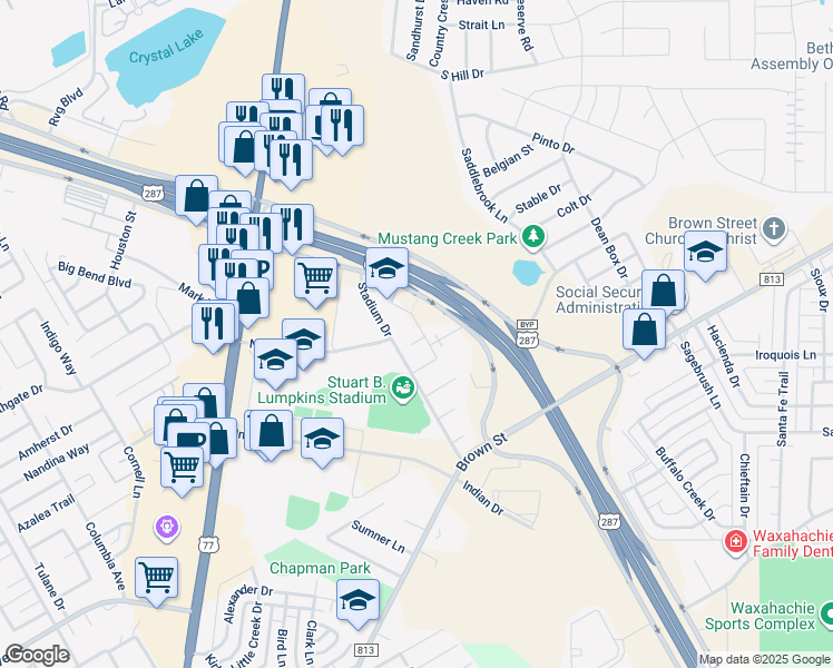 map of restaurants, bars, coffee shops, grocery stores, and more near 100 Comanche Court in Waxahachie