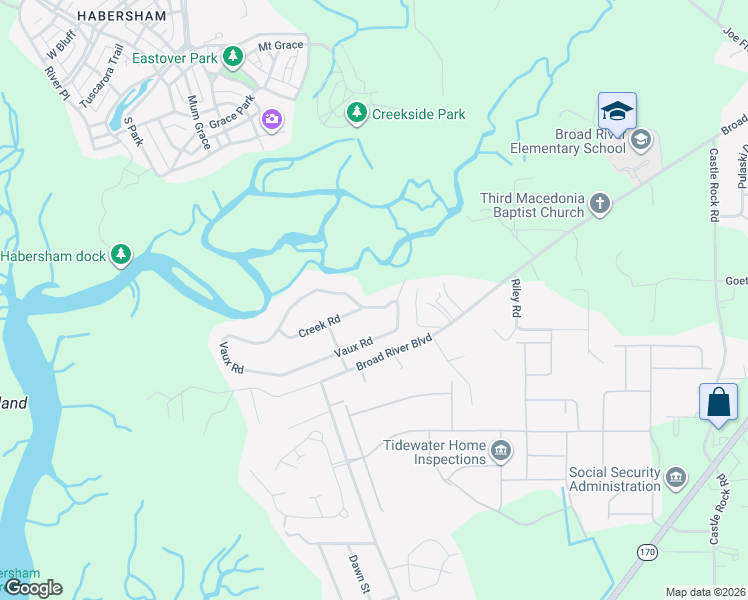 map of restaurants, bars, coffee shops, grocery stores, and more near 6120 Vaux Road in Beaufort