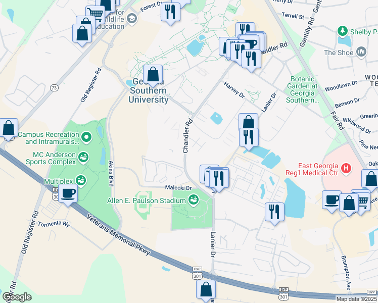 map of restaurants, bars, coffee shops, grocery stores, and more near 49 Southern Villa Apartment in Statesboro