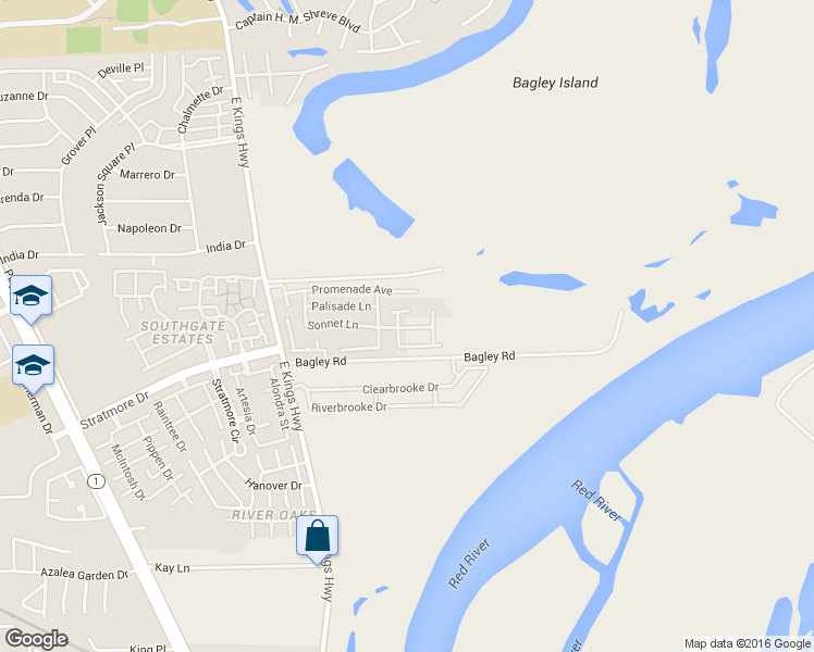 map of restaurants, bars, coffee shops, grocery stores, and more near 9802 Pageant Lane in Shreveport