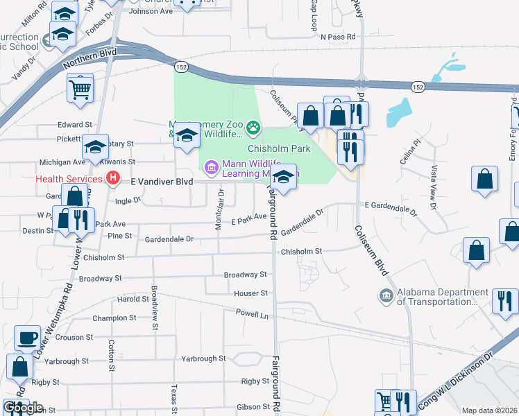 map of restaurants, bars, coffee shops, grocery stores, and more near 4015 Chelsea Drive in Montgomery
