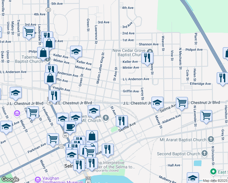 map of restaurants, bars, coffee shops, grocery stores, and more near 1300 Saint Ann Street in Selma