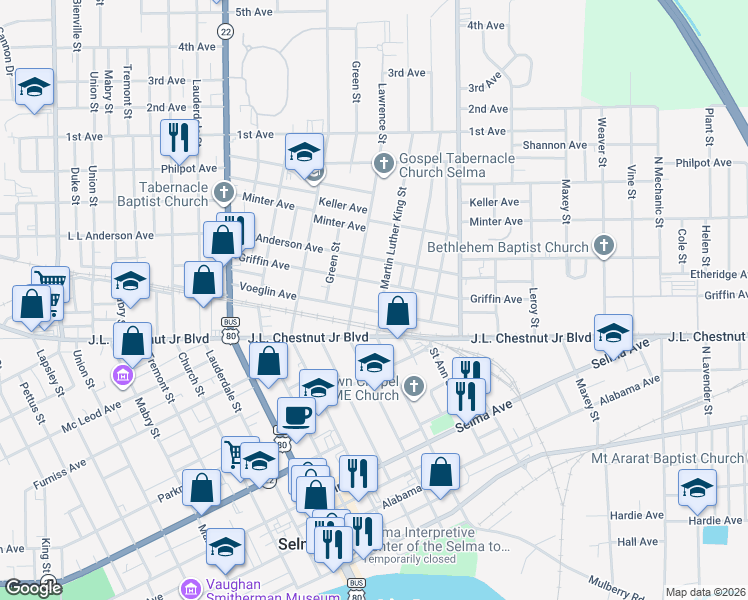 map of restaurants, bars, coffee shops, grocery stores, and more near 1217 Martin Luther King Street in Selma