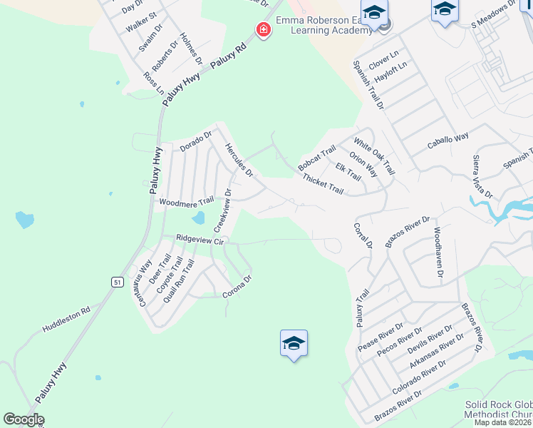map of restaurants, bars, coffee shops, grocery stores, and more near 1309 Woodmere Trail in Granbury