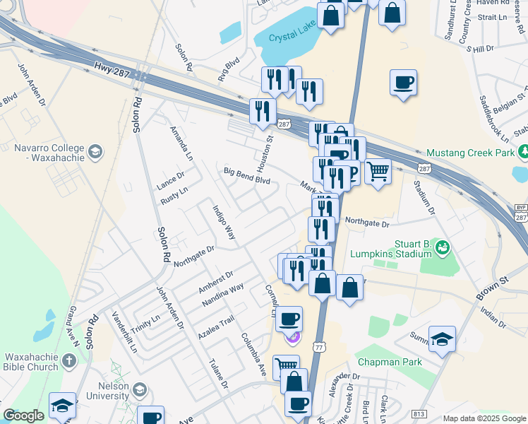 map of restaurants, bars, coffee shops, grocery stores, and more near 200 San Jacinto Court in Waxahachie