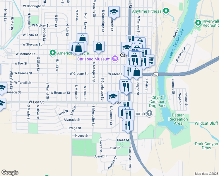 map of restaurants, bars, coffee shops, grocery stores, and more near 409 South Alameda Street in Carlsbad