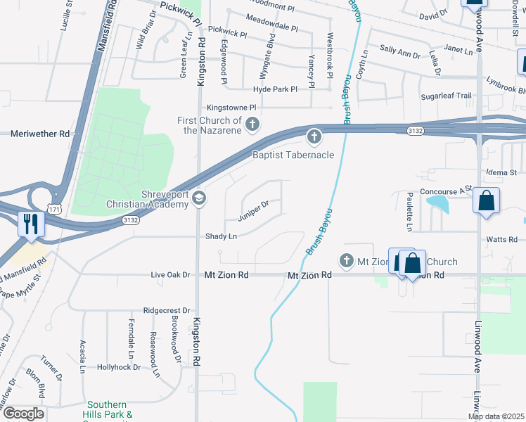 map of restaurants, bars, coffee shops, grocery stores, and more near 1617 Juniper Drive in Shreveport