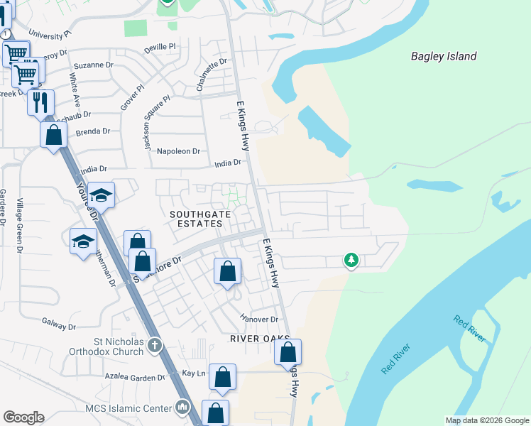map of restaurants, bars, coffee shops, grocery stores, and more near 320 Colony Bend in Shreveport