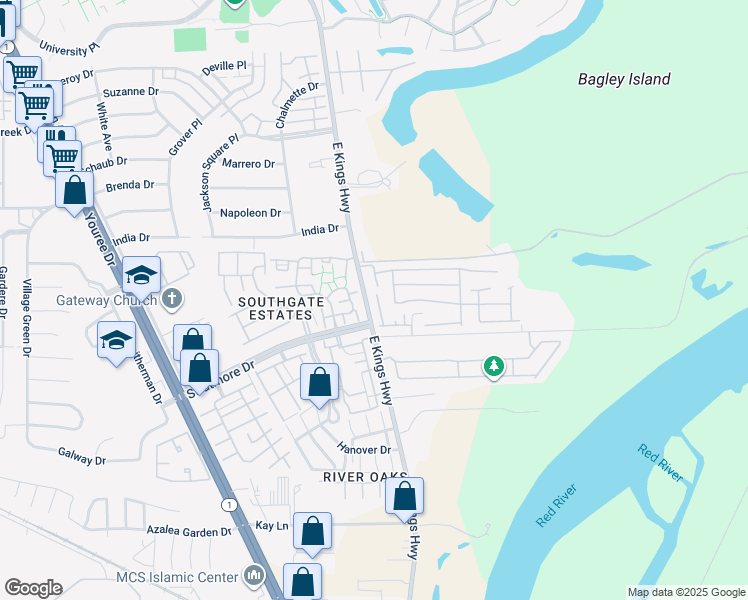 map of restaurants, bars, coffee shops, grocery stores, and more near 9970 Smugglers Cove in Shreveport