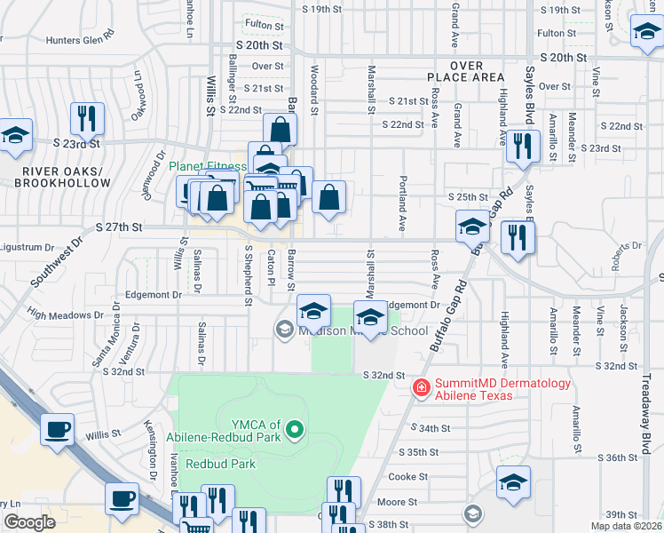 map of restaurants, bars, coffee shops, grocery stores, and more near 2917 South 28th Street in Abilene