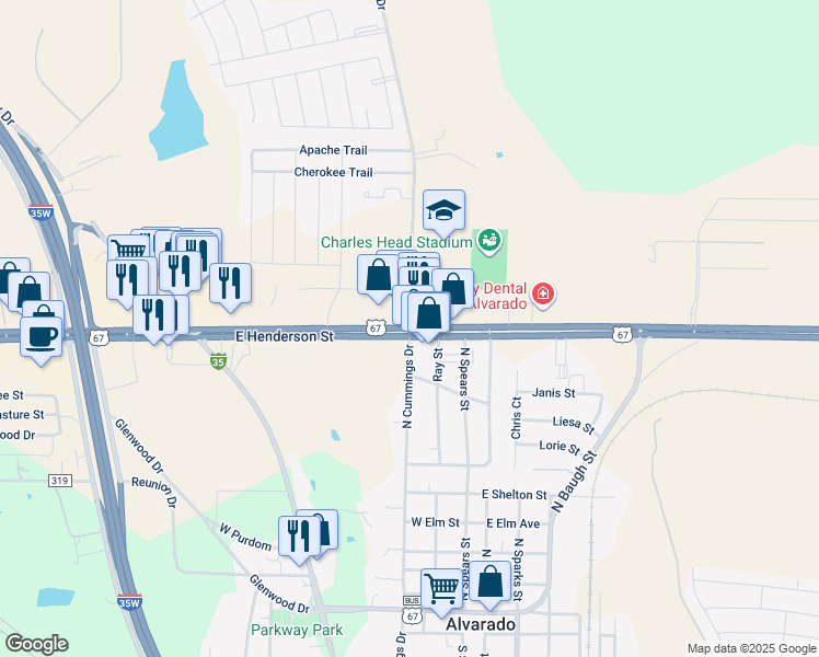map of restaurants, bars, coffee shops, grocery stores, and more near 906 East Henderson Street in Alvarado