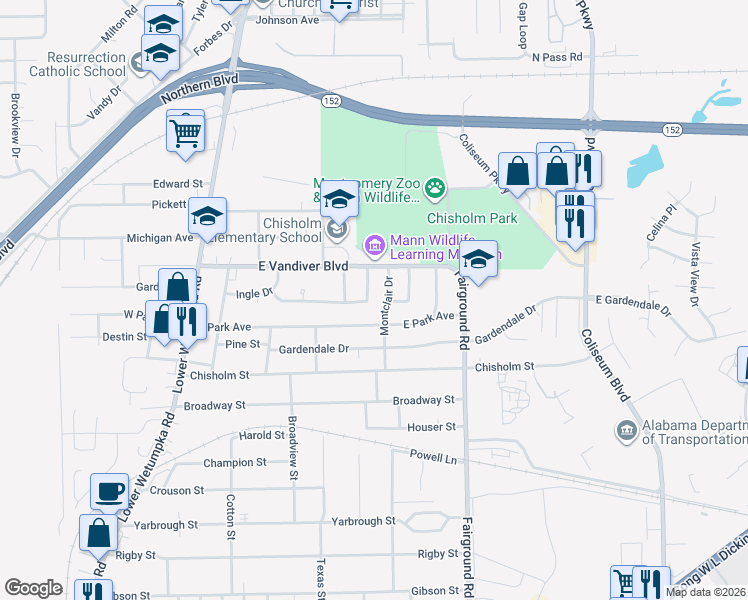 map of restaurants, bars, coffee shops, grocery stores, and more near 4001 Shelly Lane in Montgomery